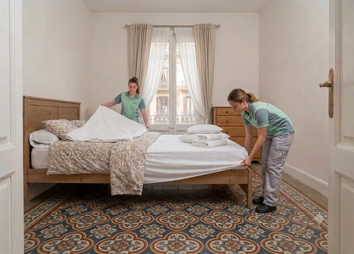 Equipo profesional preparando y limpiando un dormitorio en Valencia
